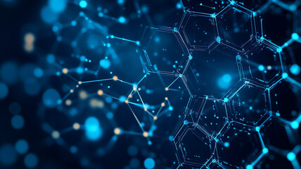 Obraz premium This visual showcases a detailed network of blue hexagonal shapes, symbolizing molecular connections