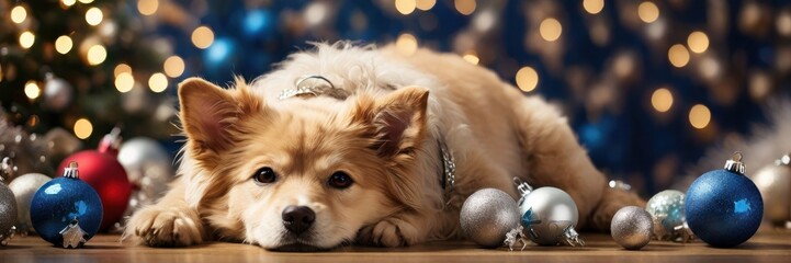Obraz premium Cute dog and Christmas ornaments. Merry Christmas and Happy New Year