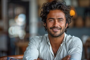 Obraz premium Portrait of confident middle aged male entrepreneur in suit standing with folded arms and smiling at camera, successful businessman posing in office, advertising professional services