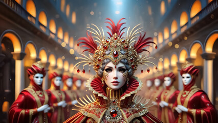 Fototapeta premium A Venetian from a masquerade ball setting, wearing a mask made of red and gold jewels