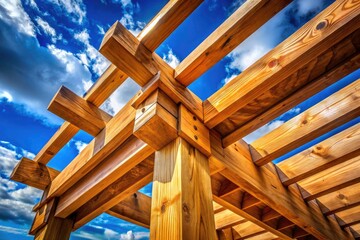 Stunning Drone Photography of Wooden Beam Structure Against Clear Blue Sky - Architectural Detail, Nature, and Design Inspiration