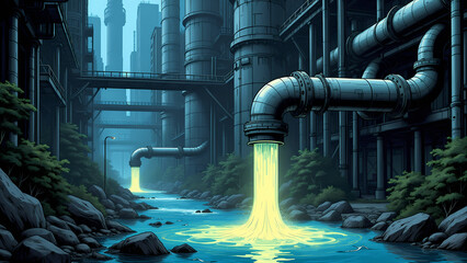 Pollution concept - Comic style factory industrial pipe releases glowing yellow toxic liquid onto a natural creek polluting the environment. The contaminated water flows expanding its toxicity.