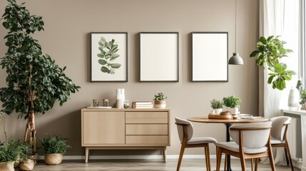 Fototapeta premium Modern Minimalist Interior with Plants and Decorative Frames