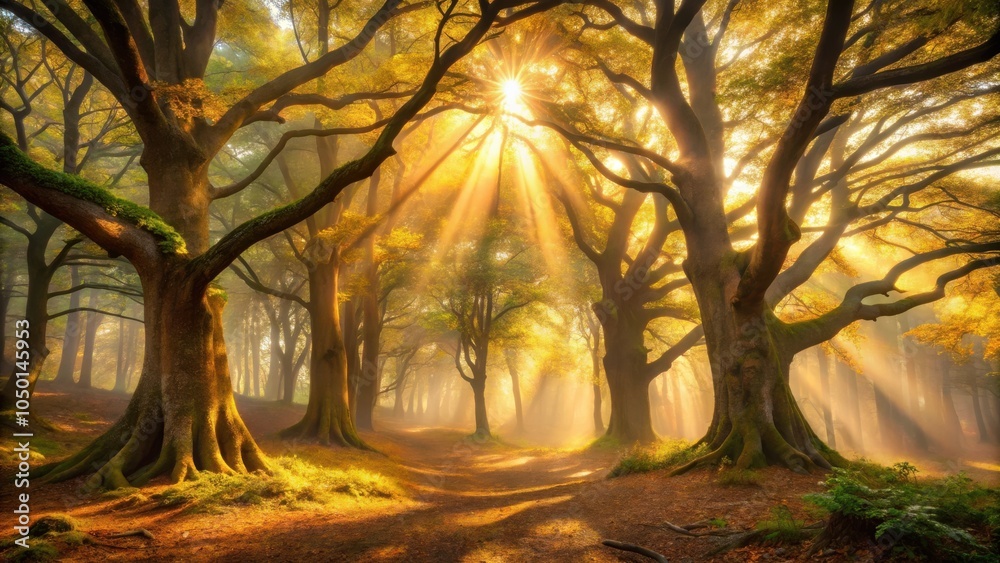 Poster golden sunlight streams through a canopy of ancient trees, casting long shadows on the forest floor.
