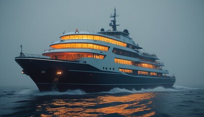 A futuristic research vessel exploring the depths of the ocean during a foggy morning, representing the quest for knowledge and discovery at sea, Generative AI