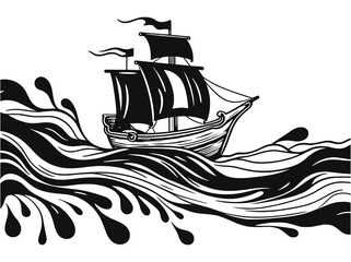 sailing ship in the ink sea illustration