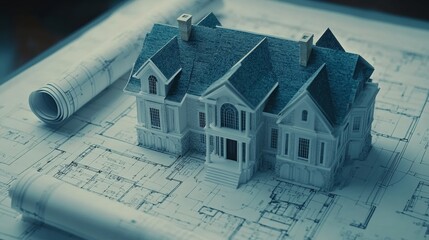 Real Estate Blueprint with Keys and House Model.Concept of real estate development, homeownership, architecture, construction, interior design, Real estate agencies, construction companies.