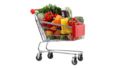 A shopping cart filled with fresh vegetables and groceries on a white background