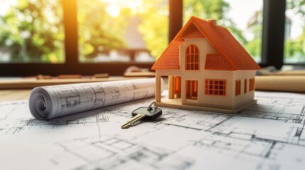 Real Estate Blueprint with Keys and House Model.Concept of real estate development, homeownership, architecture, construction, interior design, Real estate agencies, construction companies.