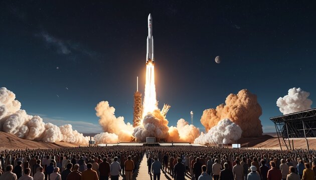 A historic rocket launch commemorating a milestone in space exploration, with spectators gathered to witness the momentous event from afar, Generative AI