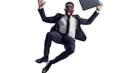 A successful businesswoman in a suit joyfully jumps with her laptop, exuding excitement and confidence in a corporate studio setting