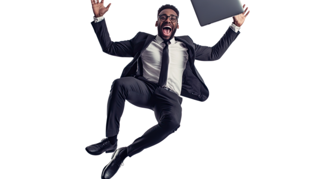 A successful businesswoman in a suit joyfully jumps with her laptop, exuding excitement and confidence in a corporate studio setting - Powered by Adobe