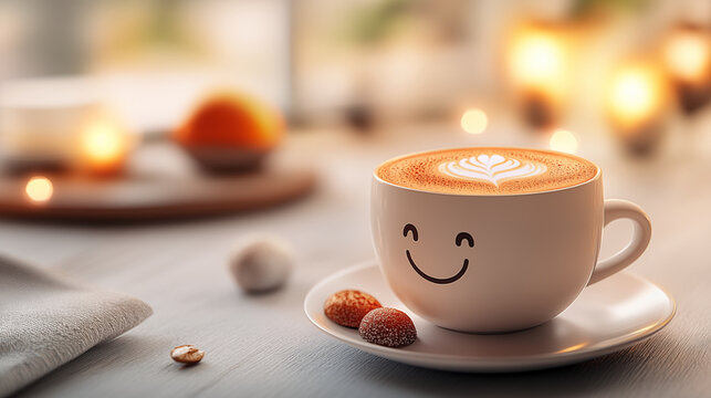 A cup of coffee with latte art in the shape of a smiley face on a table, side view, with a bokeh background of a cozy home interior at morning time, in a warm tone