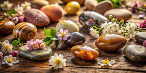 Fototapeta premium Smooth, polished stones arranged on a rustic wooden surface, adorned with delicate white and pink blossoms, creating a serene and balanced composition.