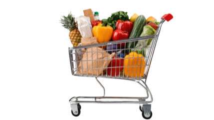 A shopping cart filled with fresh vegetables and groceries