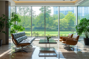 Fototapeta premium Large floor-to-ceiling window in a modern office, green park visible outside, sleek contemporary furniture inside.