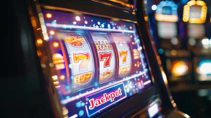 Slot machine reels stopped on three sevens with the word "Jackpot" visible, creating a celebratory atmosphere in a lively casino.