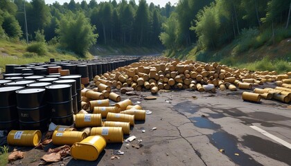 A disturbing view of barrels leaking hazardous substances in a clandestine waste disposal area, highlighting the dangers of illegal dumping practices, Generative AI