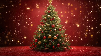 A festive tree with shining gold and red decorations against a soft, warm backdrop perfect for the holiday season.