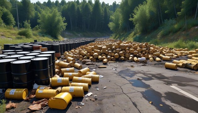 A disturbing view of barrels leaking hazardous substances in a clandestine waste disposal area, highlighting the dangers of illegal dumping practices, Generative AI