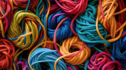 A vibrant assortment of colorful yarn balls is stacked neatly atop one another