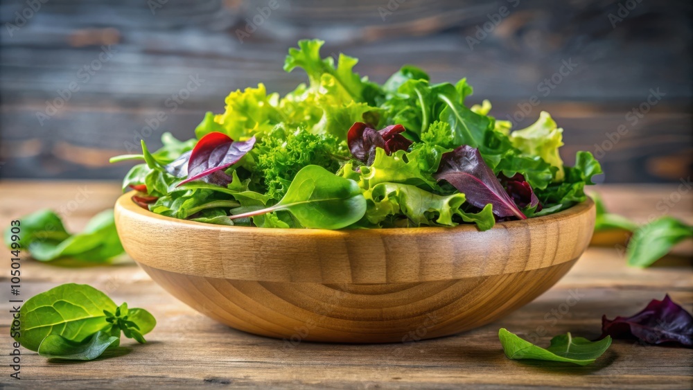 Poster a bowl filled with mixed greens, offering a vibrant array of leafy textures and colors, resting on a