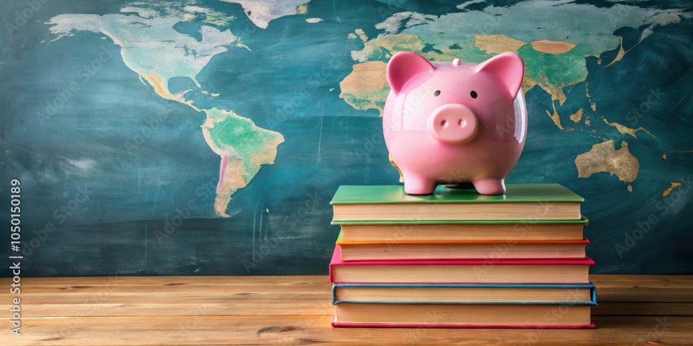 Aufkleber pink piggy bank on a stack of books in front of a world map on a chalkboard