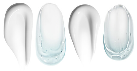 Composition of a white cream smear and a transparent blue gel smear on an empty background. Skincare products, hydrating and moisturizing textures.