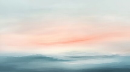 Fototapeta premium A tranquil sunset over a muted landscape with soft peach, light gray, and pale blue tones blending seamlessly into the fading sky