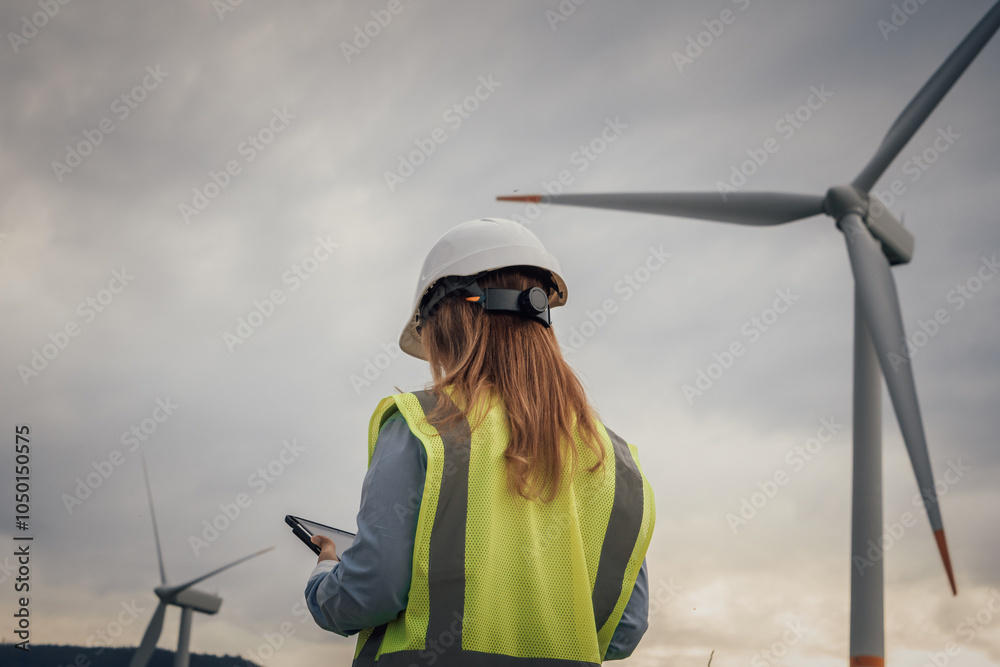 Poster wind energy technician monitoring turbines with tablet in renewable energy field