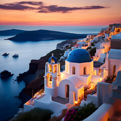 Obraz premium Beautiful view of Churches in Oia village, Santorini island in Greece at sunset, with dramatic sky, Blue churches of oia.