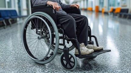 Obraz premium Elderly Patient Awaiting Appointment in Long Hospital Corridor.Concept of aging, healthcare, patience, vulnerability, and waiting, Healthcare, geriatrics, medical facilities.