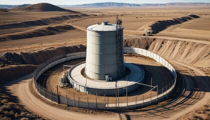 A detailed view of a fortified missile silo surrounded by barbed wire and security fences, showcasing defense infrastructure in a barren landscape, Generative AI