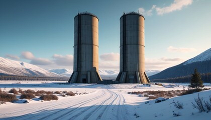 Obraz premium An atmospheric image of a missile silo in a snowy landscape, emphasizing the stark contrast between nature and military infrastructure, Generative AI