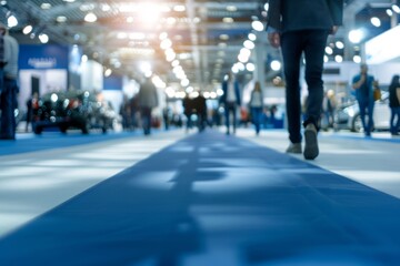 Conference Hall with People Walking:Luxury Car Exhibition with Blurred Background.Concept of luxury, exclusivity, innovation, and automotive industry,Automotive, luxury goods, events and exhibitions.