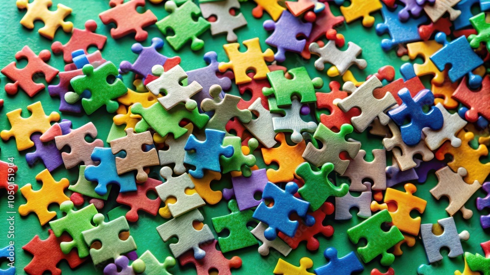 Aufkleber Colorful Puzzle Pieces Scattered on a Green Surface,  a Visual Representation of Complexity and Interconnectedness