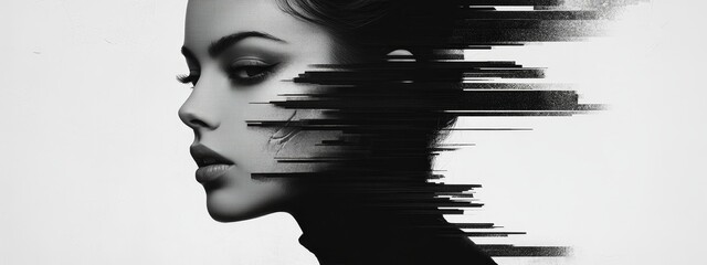 Abstract Wall Art:Glitch Woman Portrait Mural.Concepts of Digital art, glitch art, surrealism, post-modernism, fragmentation, identity crisis,  graphic design, interior design, psychology.