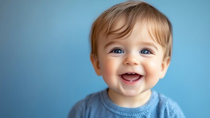 Naklejka premium A baby boy with blond hair smiles at the camera, showing his teeth.