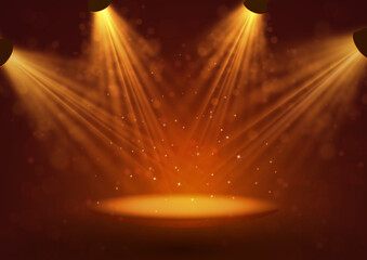 Theater stage with spotlights. Podium in the light of searchlights, the magic interior. vector.