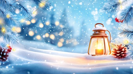 Cozy Lantern on Snowy Holiday Background