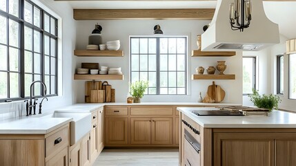 Farmhouse-style kitchen with rustic wooden cabinets, open shelving, vintage lighting, and a large apron-front sink