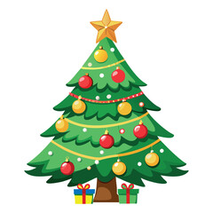 Festive decorated christmas tree with presents and star on white background
