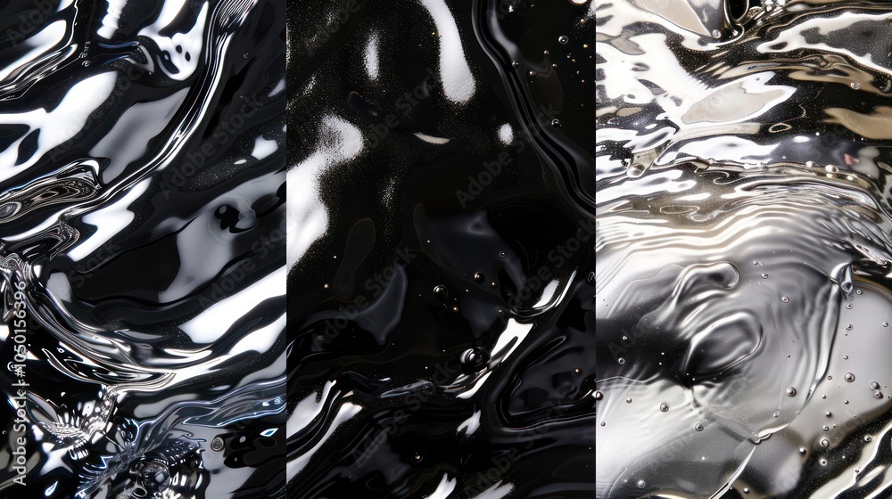 Poster abstract liquid metal designs creating fluid, dynamic visual art. illustrations