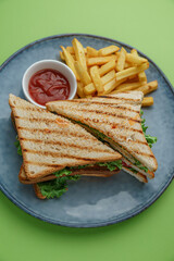 Sandwich with chicken, omelette and french fries on green background