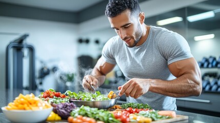 Fototapeta premium Post-Workout Recovery: Fueling Up with Fresh Ingredients,Preparing a Balanced Meal.Concept of healthy lifestyle, fitness and nutrition, meal prep for athletes, balanced diet, home gym.