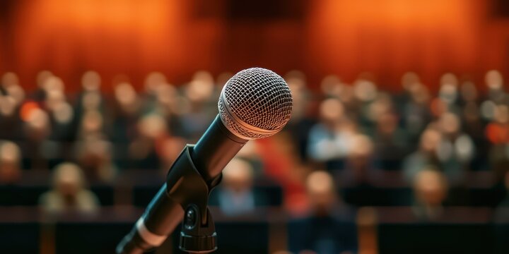 Microphone in focus with blurred audience in the background, ready for a speech.