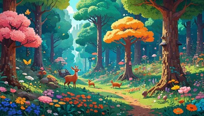 A whimsical pixelated forest filled with trees, animals, and flowers, creating a playful environment that sparks imagination and nostalgia, Generative AI