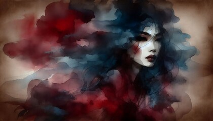 Fototapeta premium Abstract watercolor woman with dark reds and deep blues, in moody artistic textures,generative ai
