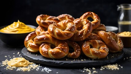 Freshly Baked Pretzels With Sesame Seeds Served on a Black Platter Alongside Mustard Dip in a Cozy Setting
