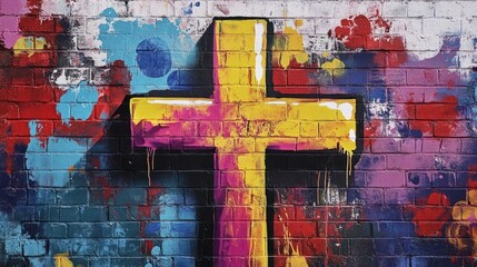 Street art graffiti wall positive bold quote GOD Is Great spray painted graf paint artist tag colorful backdrop cross city lord mural faith jesus christ religion church word background painting.
